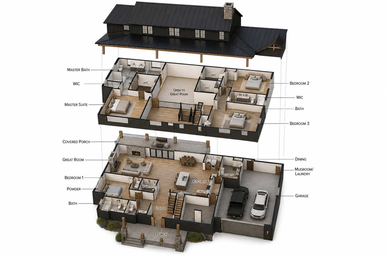 3D View of Modern Black Farmhouse Plans with Pool & Luxury Outdoor Living