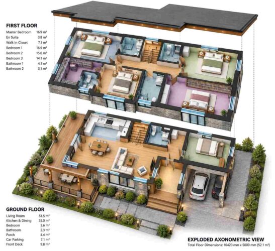 3D Exterior Perspective of House Plan for a Growing Family — 5 Bedroom Northwest Contemporary
