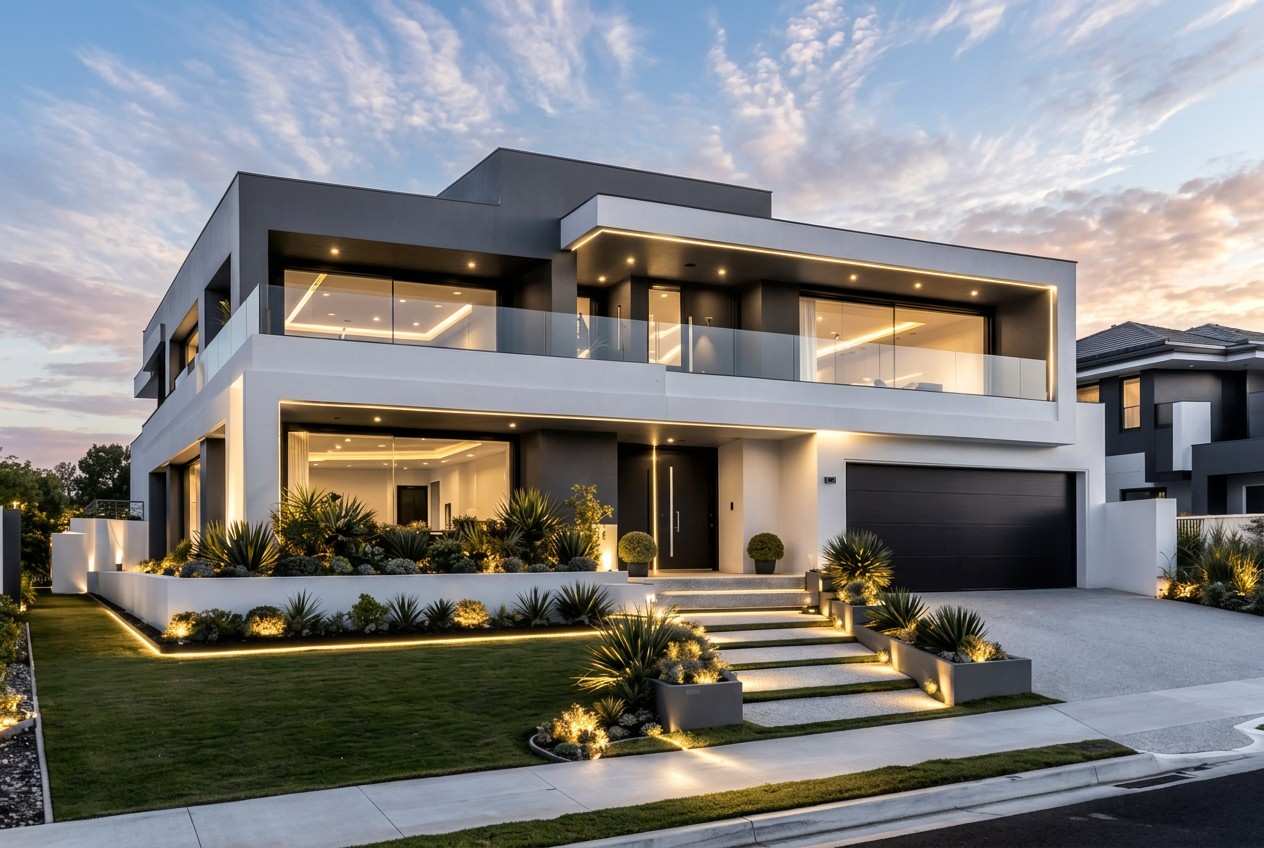 Front Elevation of 5 Bedroom 2 Story Ultra Modern House Plan with 3 Living Areas