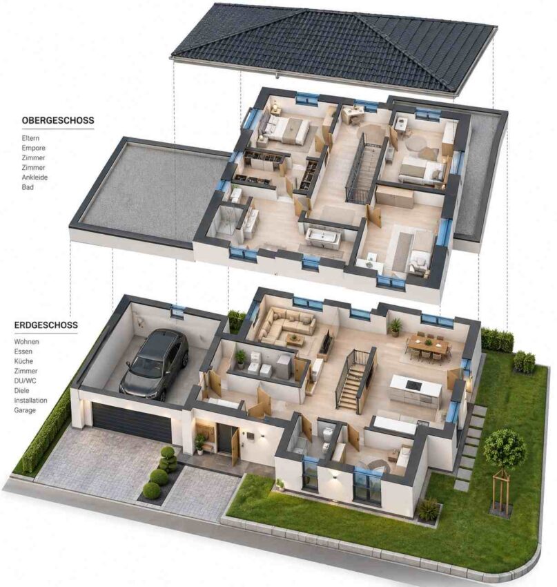3D View of Two-Story 4 BHK Contemporary Home Plan