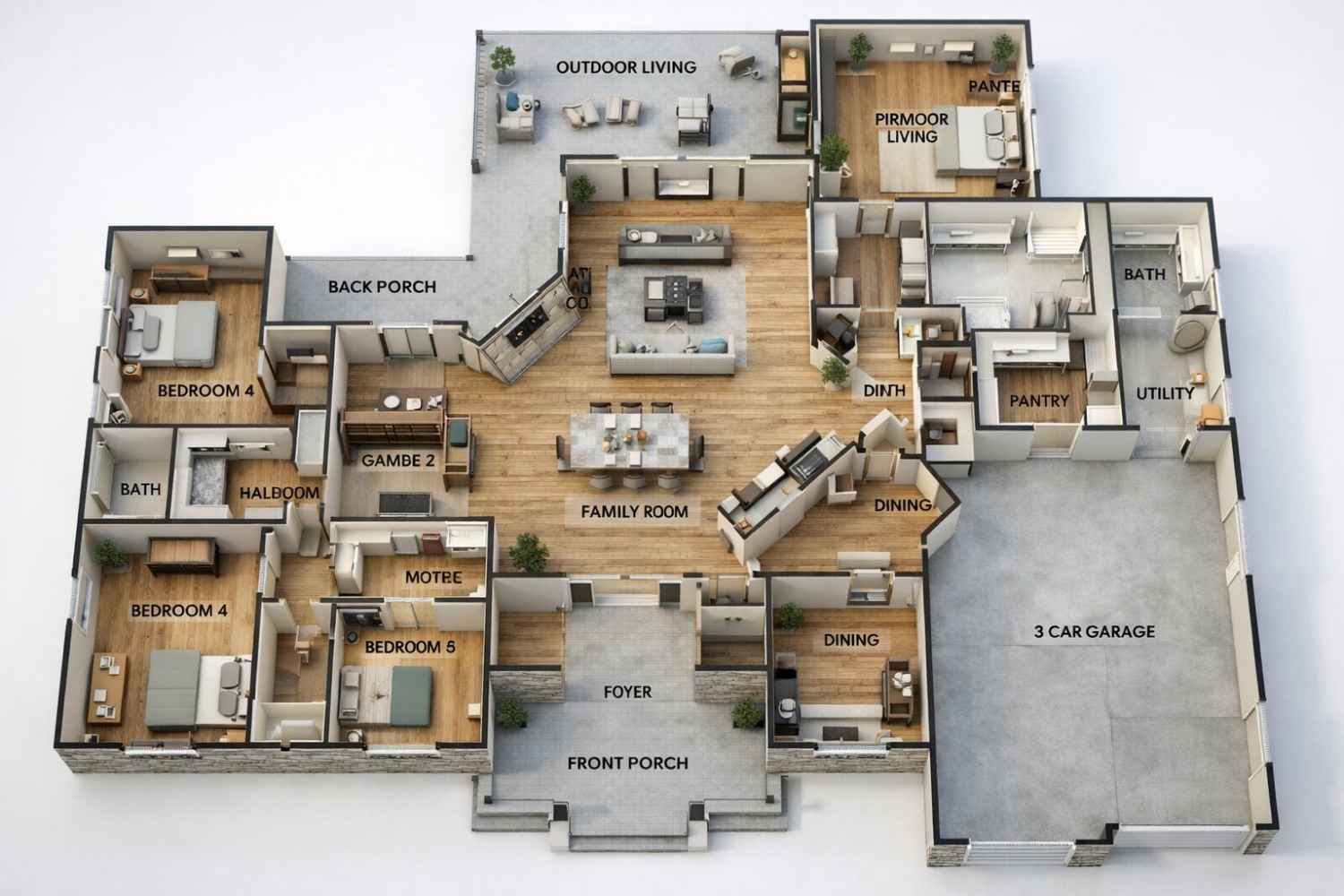 3D View of the Ground Floor Plan – 4 BHK Modern Ranch Farmhouse