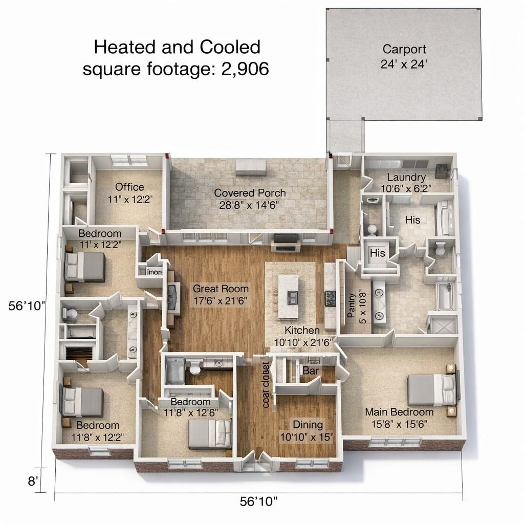 3D View of 4 BHK Modern Farmhouse Ground Floor Plan