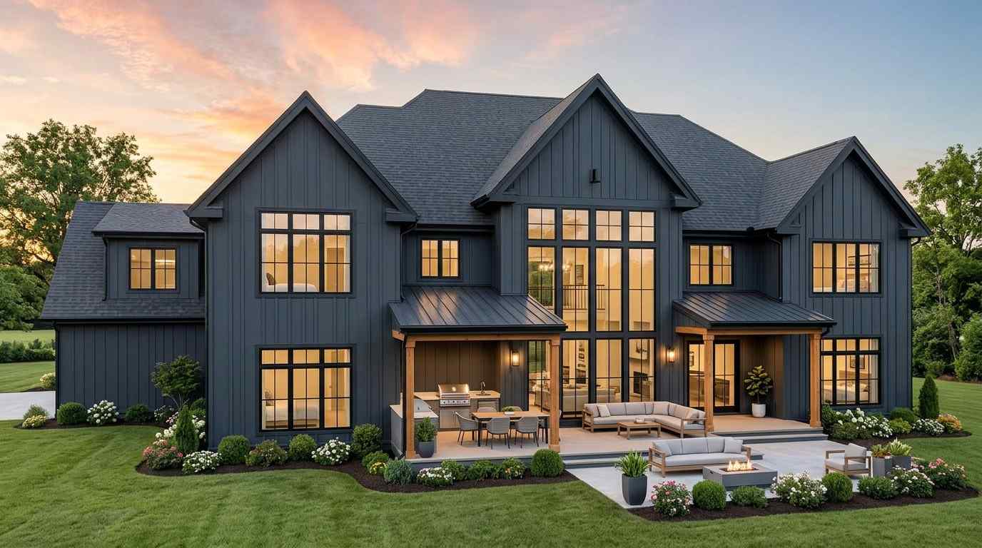 Rear Elevation of 2-Story 4-BHK Modern Farmhouse