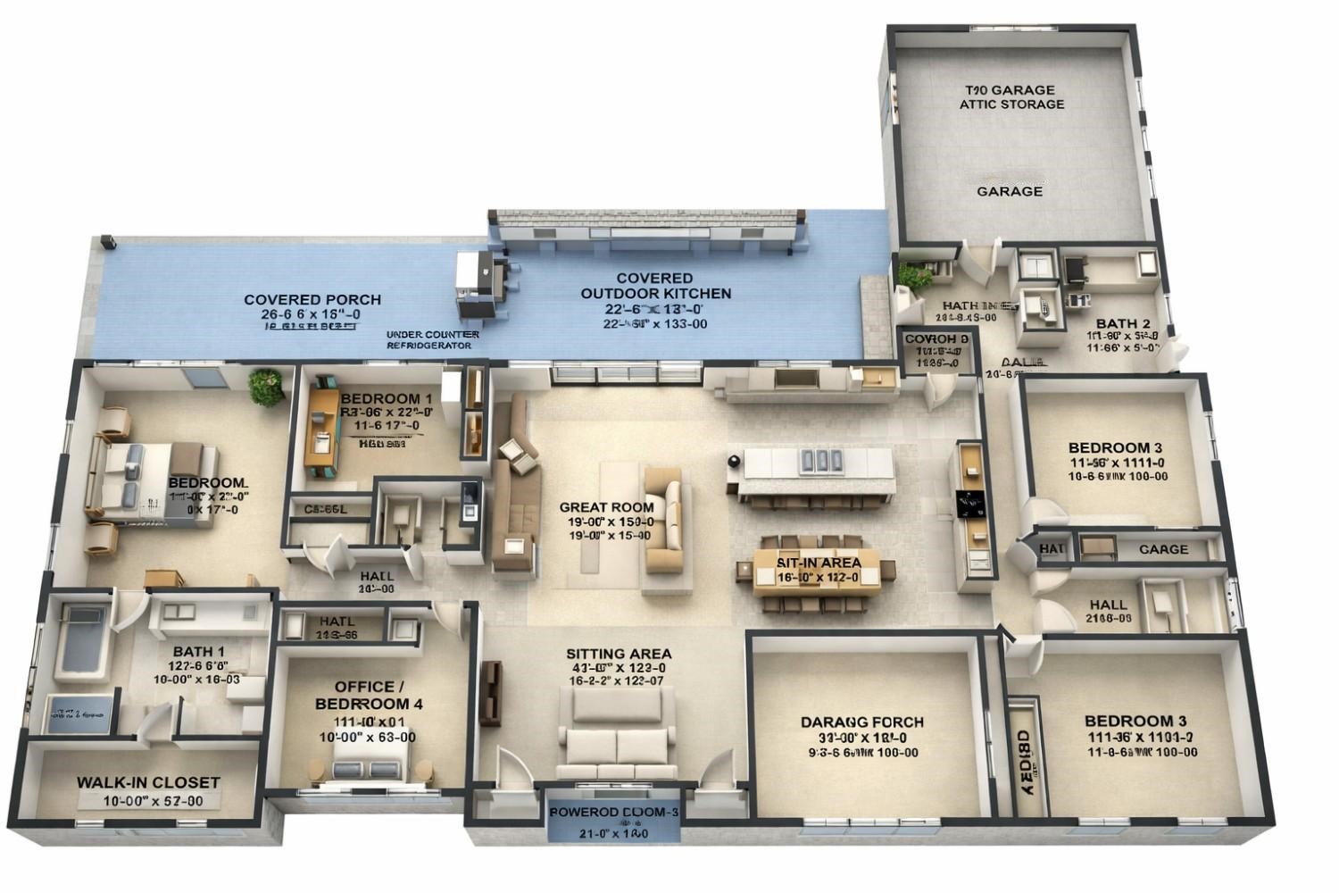 3D View of 4 BHK Modern Farmhouse