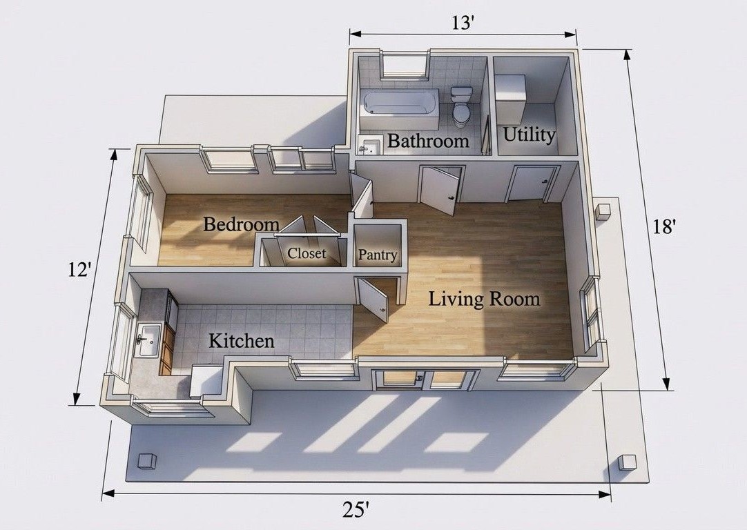3D View of the 1 BHK Cottage