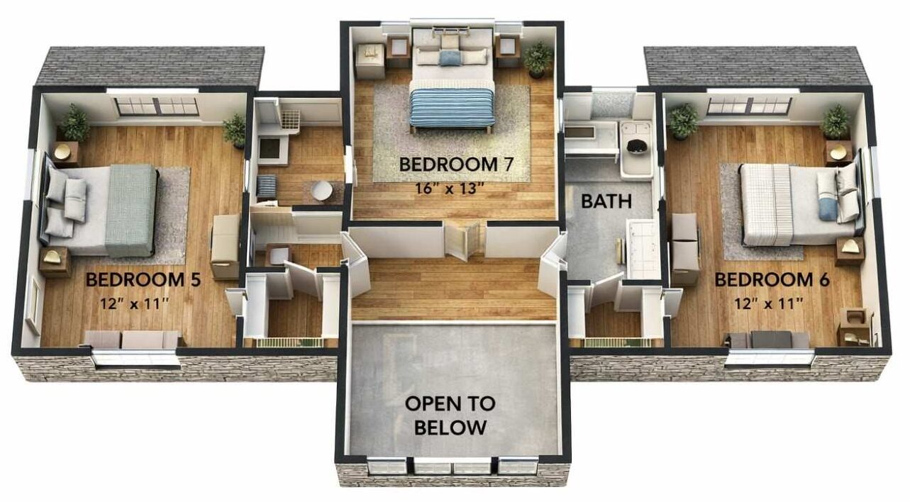 3D View of the first Floor Plan – 4 BHK Modern Ranch Farmhouse