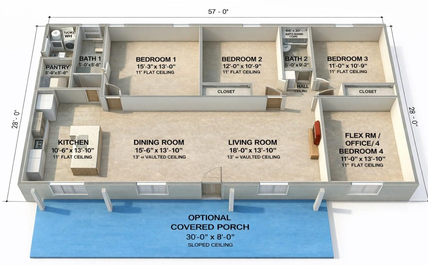 3D View of 4 BHK Modern Farmhouse
