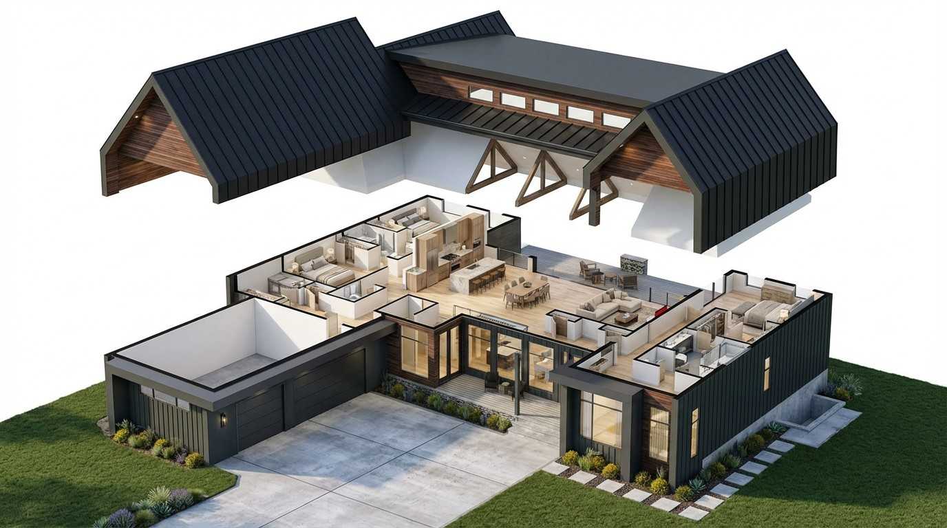Exploded Axonometric View of the 4BHK Modern Farmhouse
