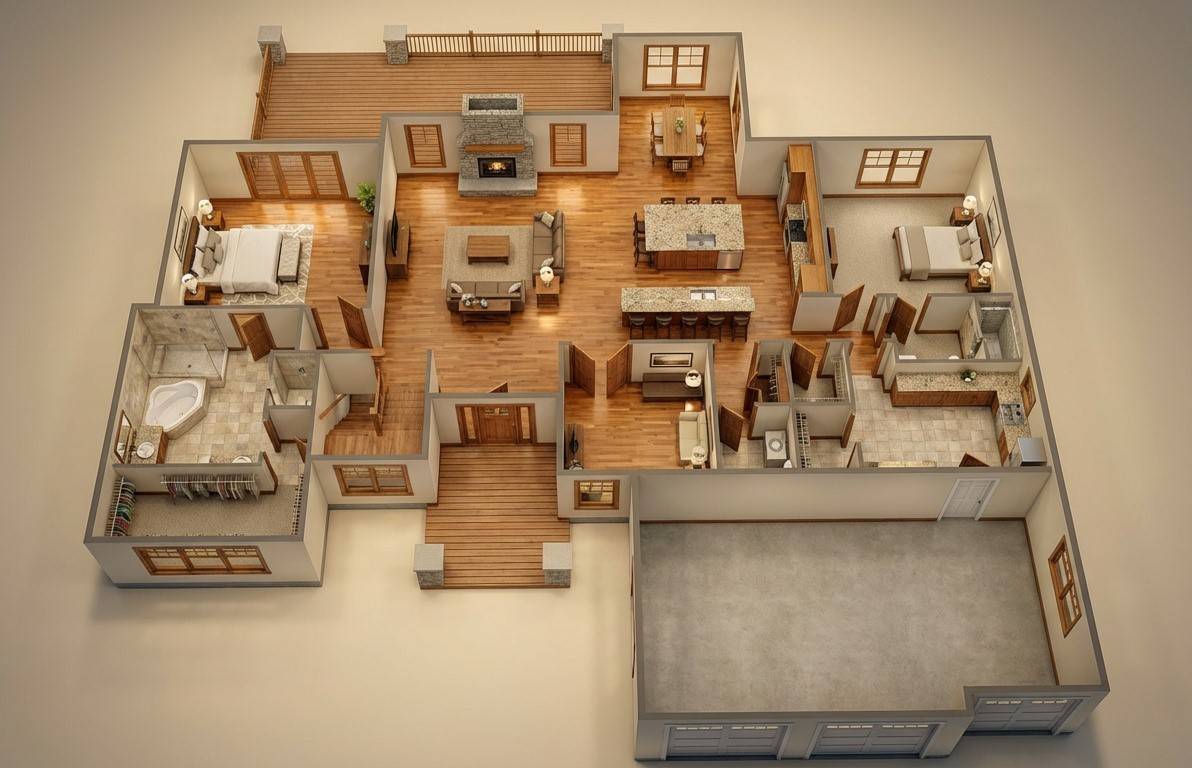3D View of 3 BHK Ranch House Floor Plan