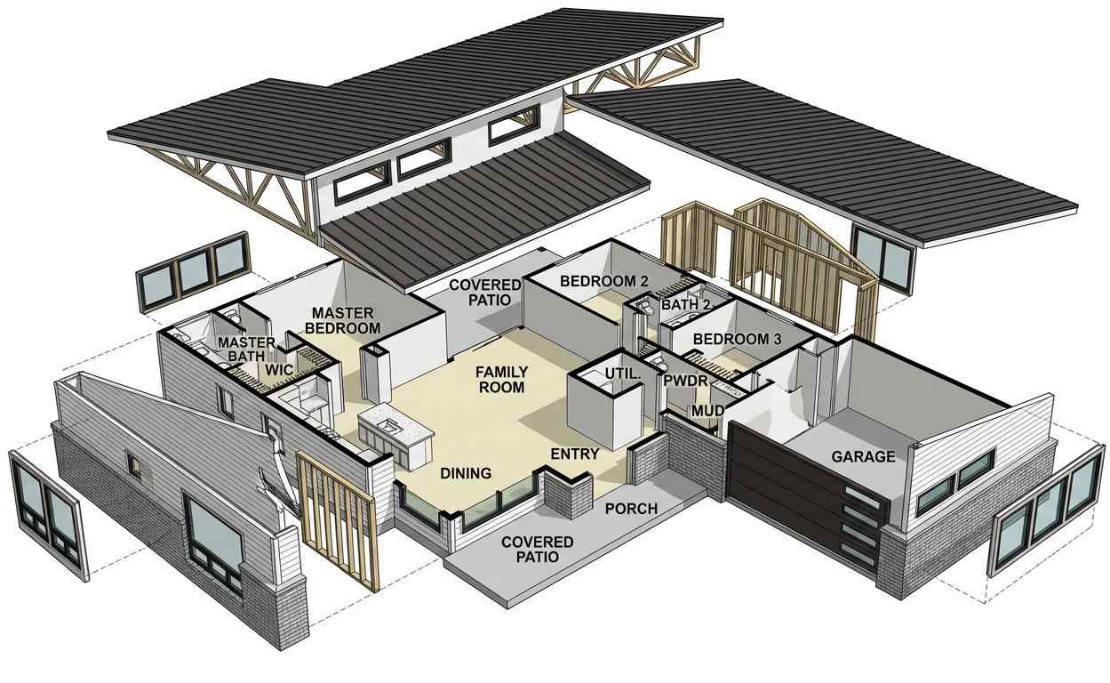 Exploded Axonometric View Contemporary Ranch Modern House