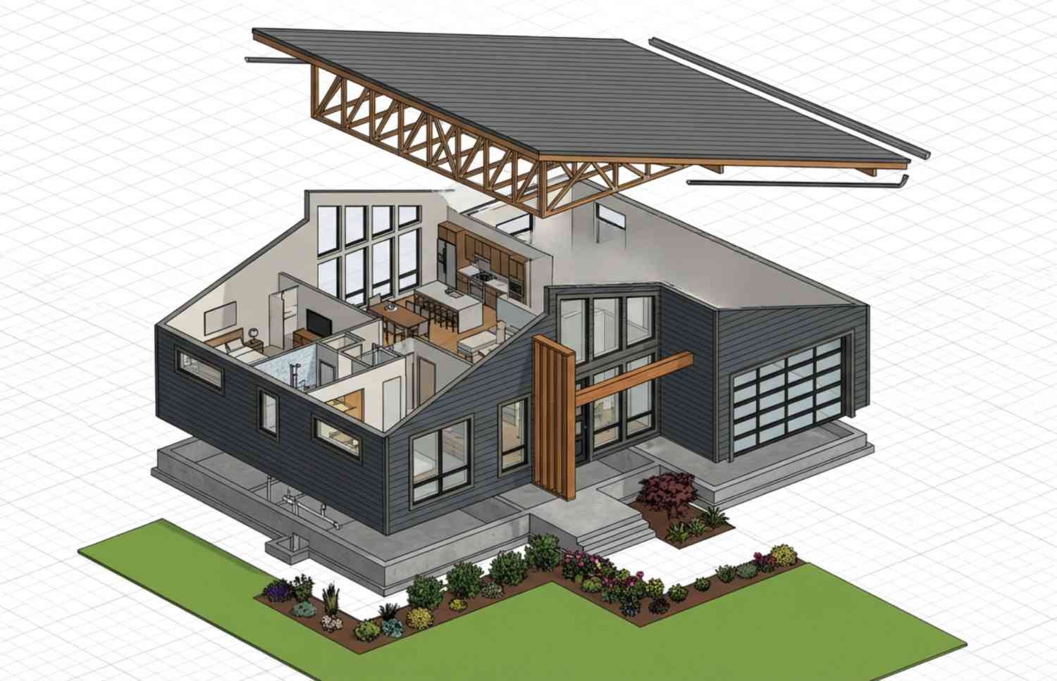 Exploded Axonometric View Contemporary Ranch House