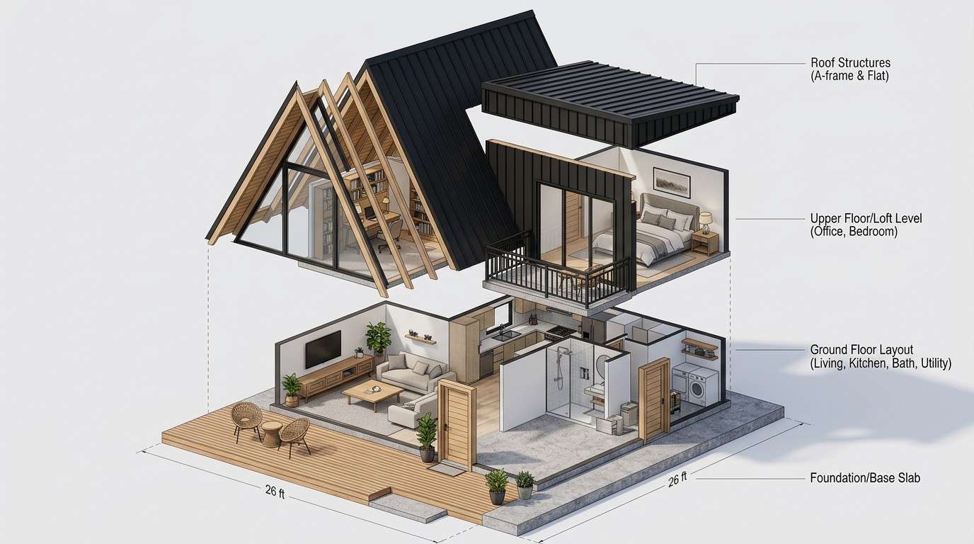 Exploded Axonometric View of the A-Frame Container House