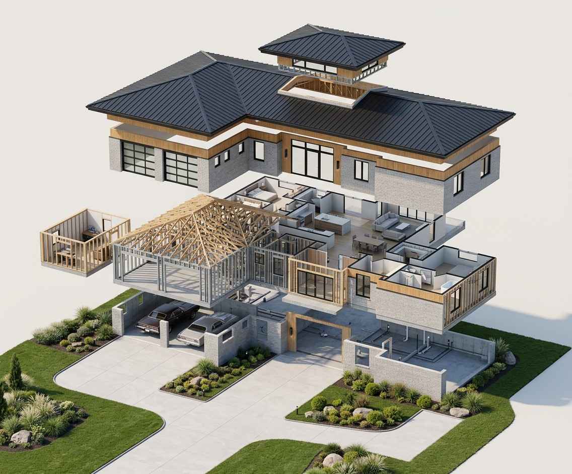 Exploded Axonometric View of Modern Ranch House