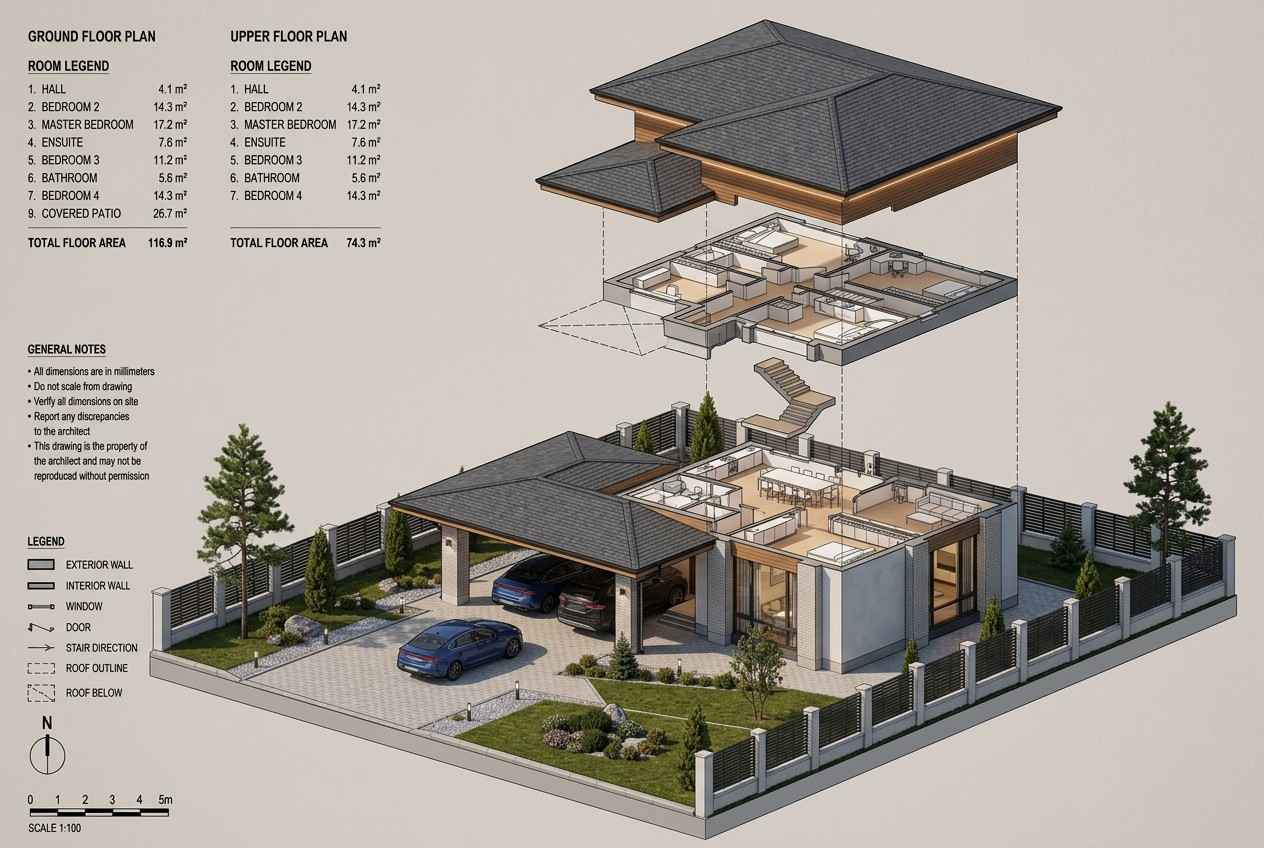 Exploded Axonometric View of Modern Luxury Villa