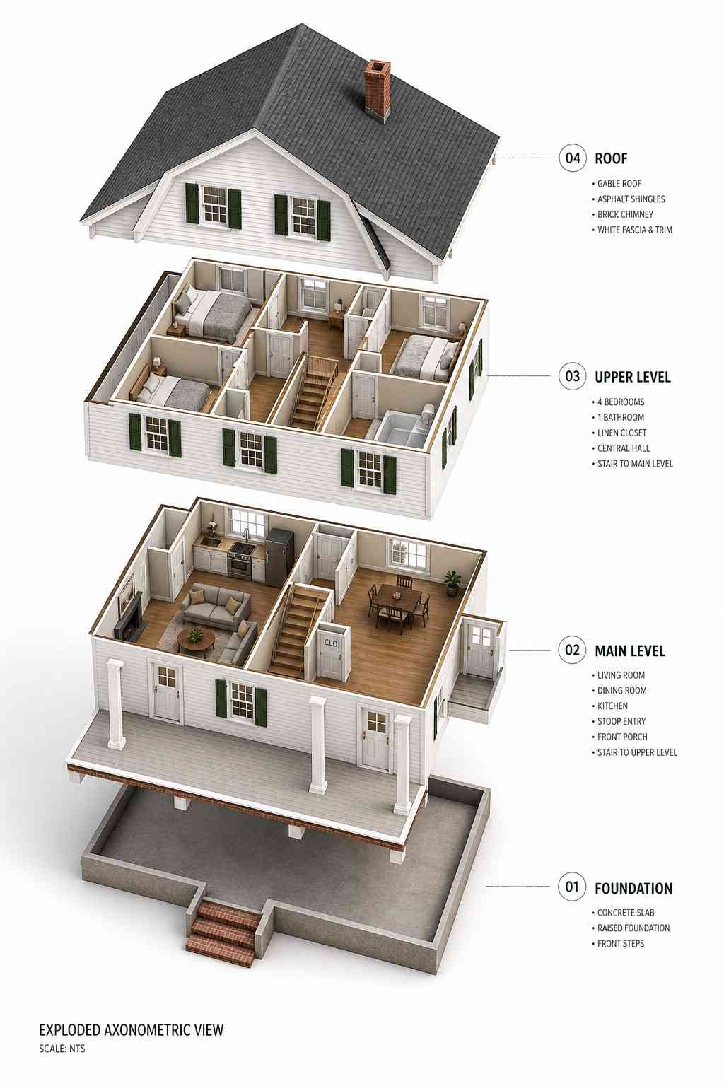 Exploded Axonometric View of the Classic Dutch Colonial
