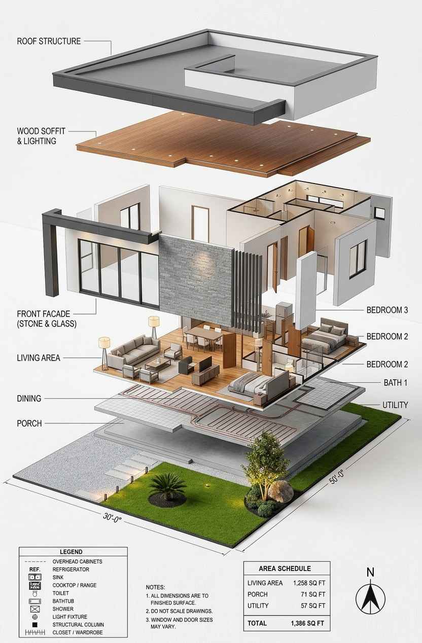 Exploded Axonometric View of Modern House