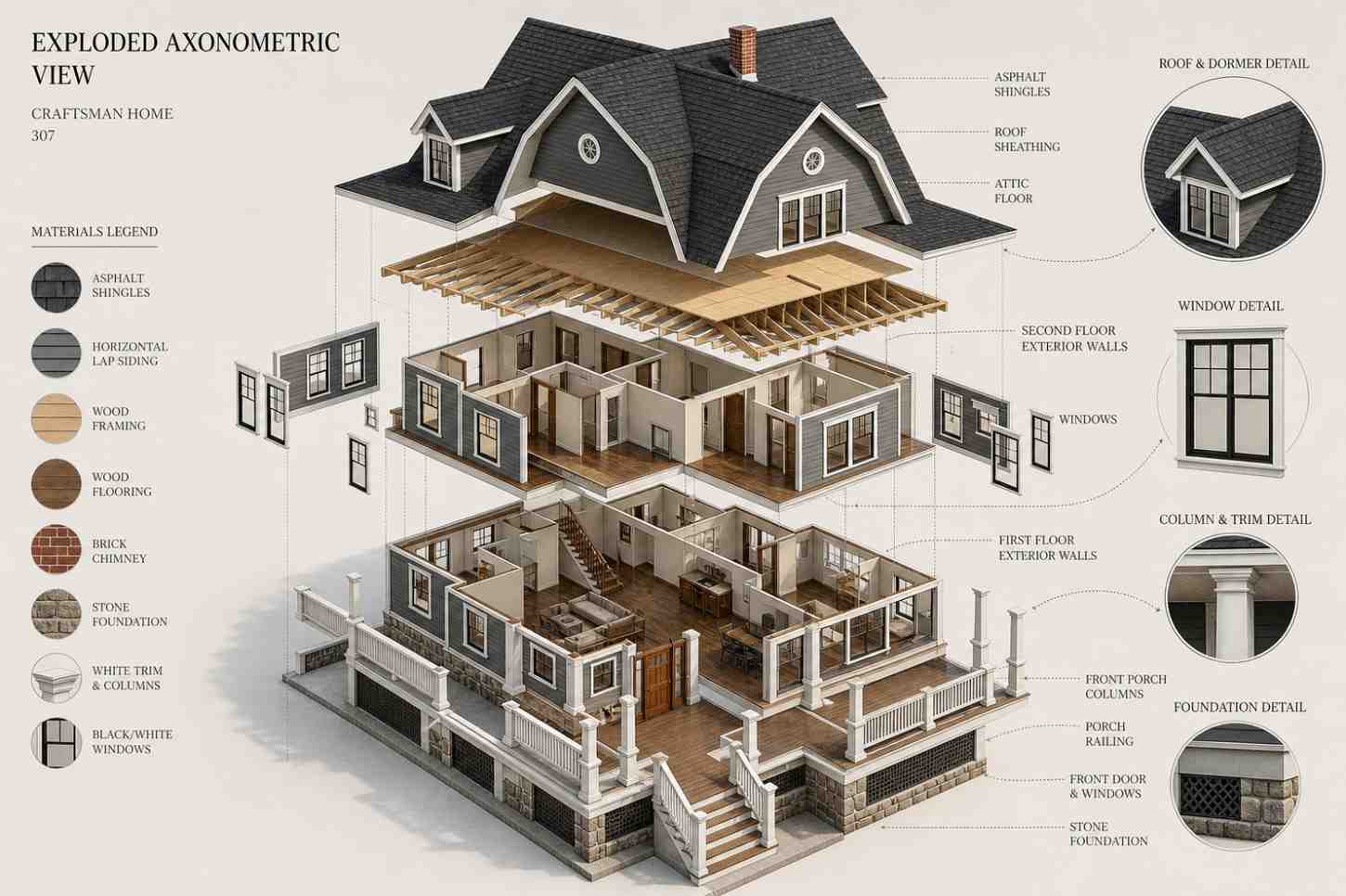 Exploded Axonometric View of the Craftsman Style House
