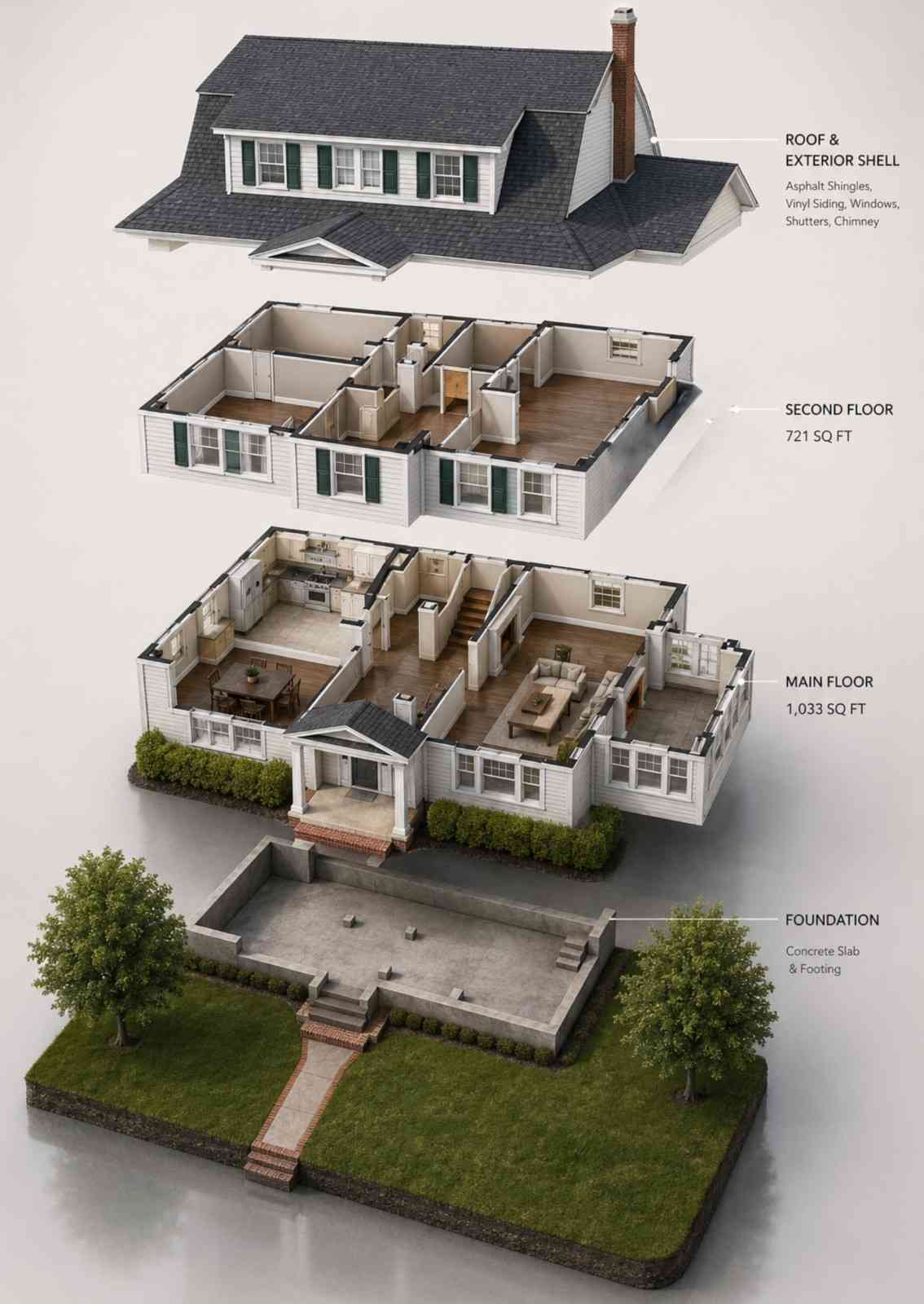 Exploded Axonometric View of the Dutch Colonial House