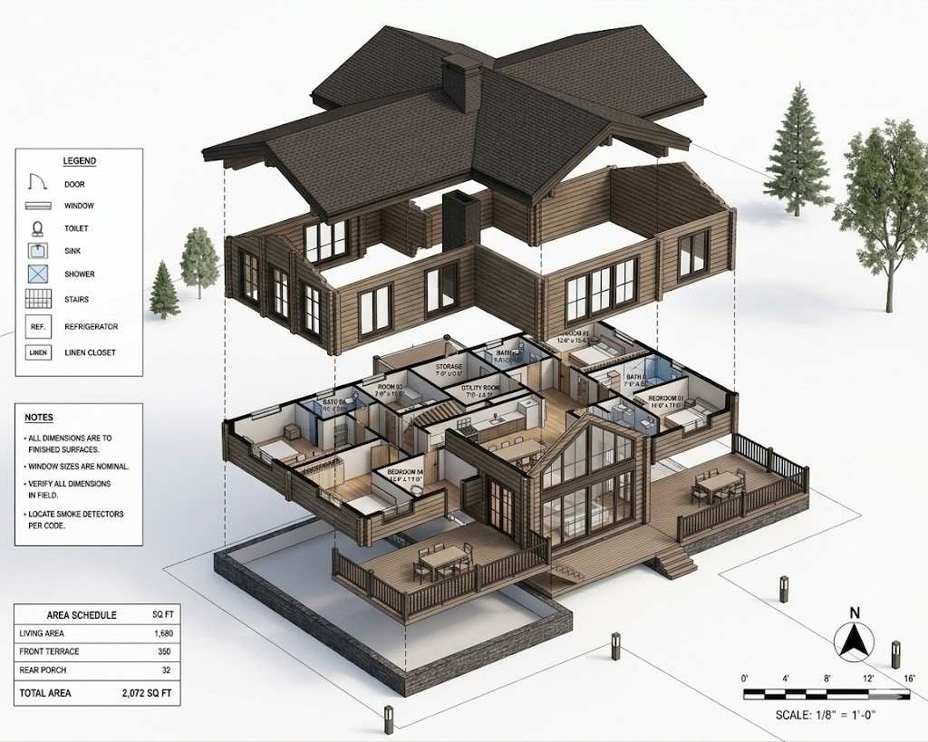 Exploded Axonometric View of Modern Ranch Farmhouse
