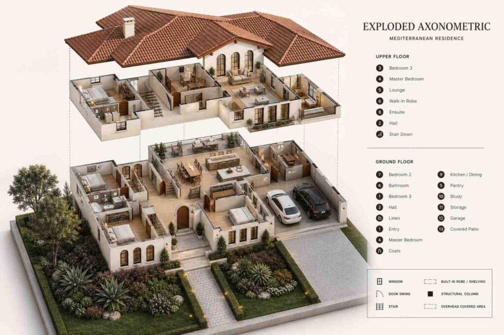 Exploded Axonometric View of Spanish Revival House