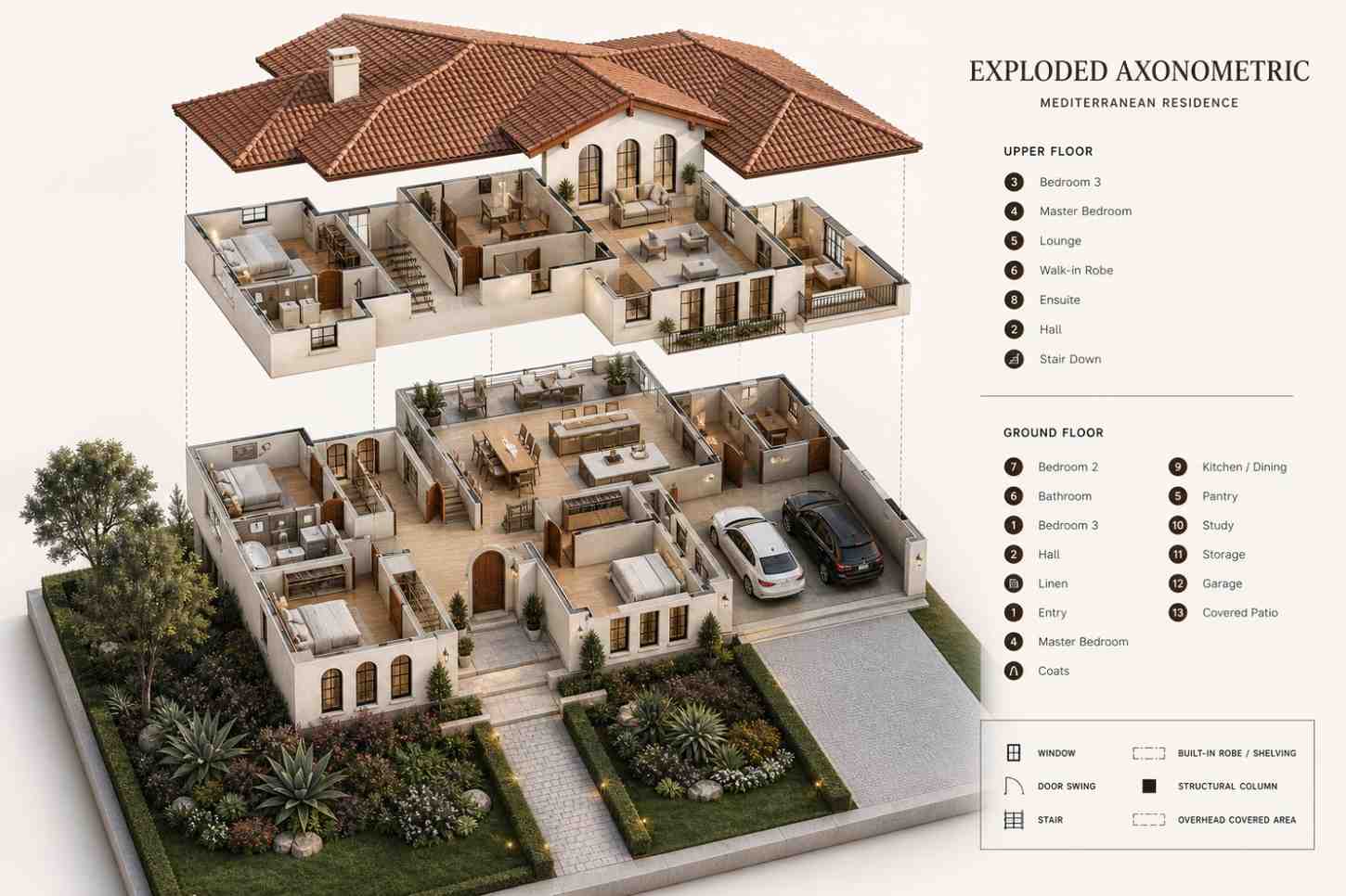 Exploded Axonometric View of Spanish Revival House
