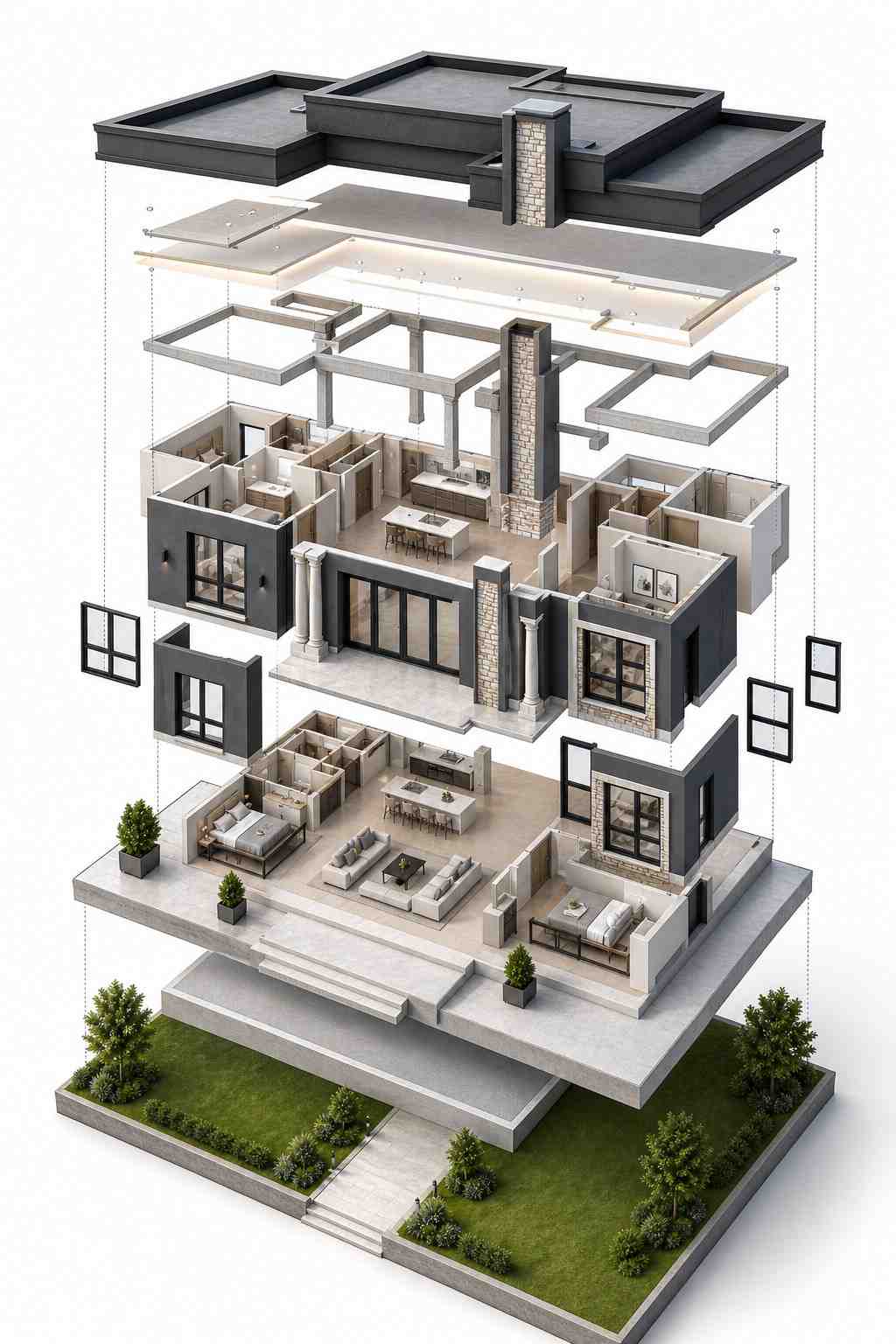 Exploded Axonometric View of Modern Luxury House