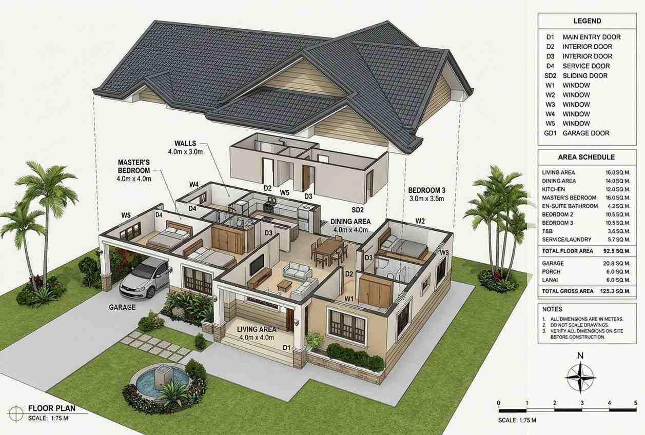 Exploded Axonometric View of Modern Bungalow House