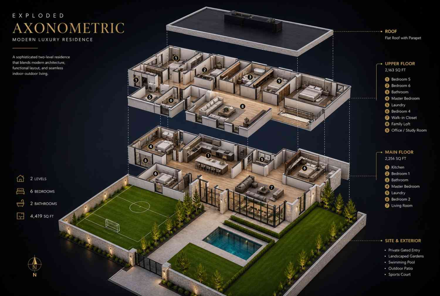 Exploded Axonometric View of Modern Luxury House