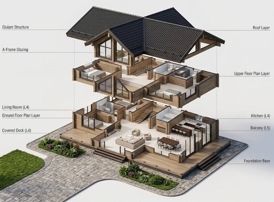 Exploded Axonometric View of Wood Log Cabin House
