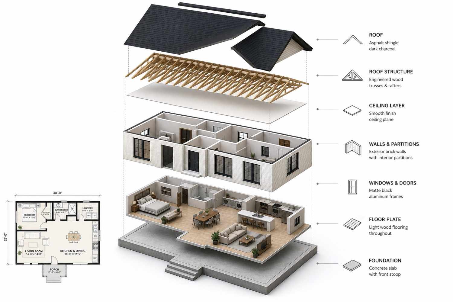 Exploded Axonometric View of Modern Cottage