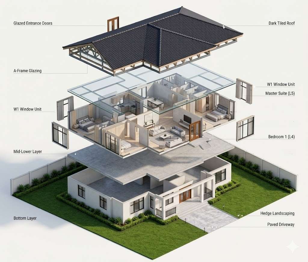 Exploded Axonometric View of Contemporary Ranch House