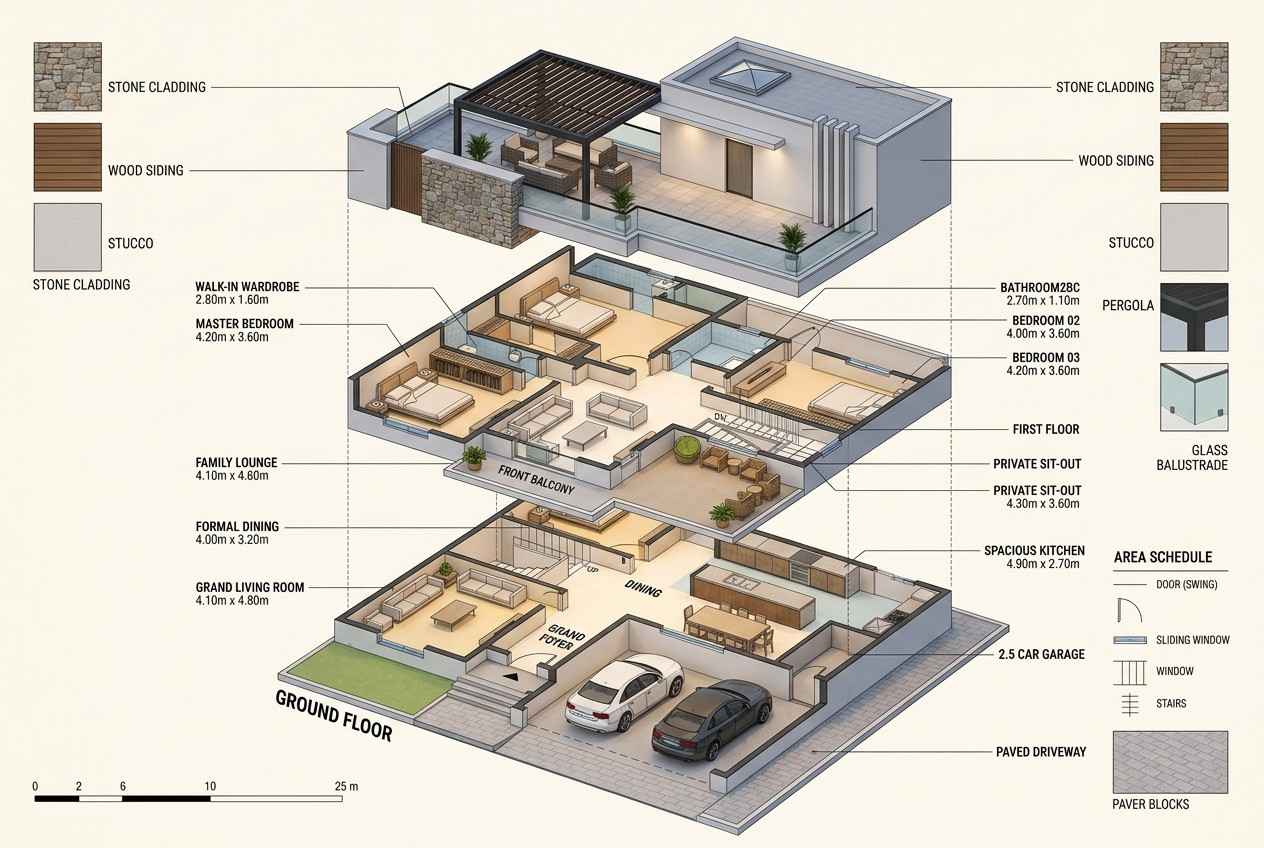 Exploded Axonometric View of 4 Bedroom 2 Story Contemporary Modern Villa