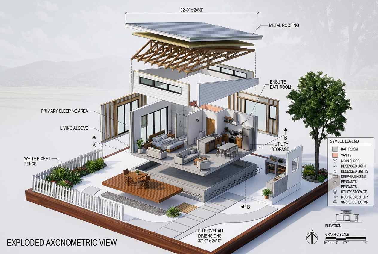 Exploded axonometric view of Modern Minimalist House
