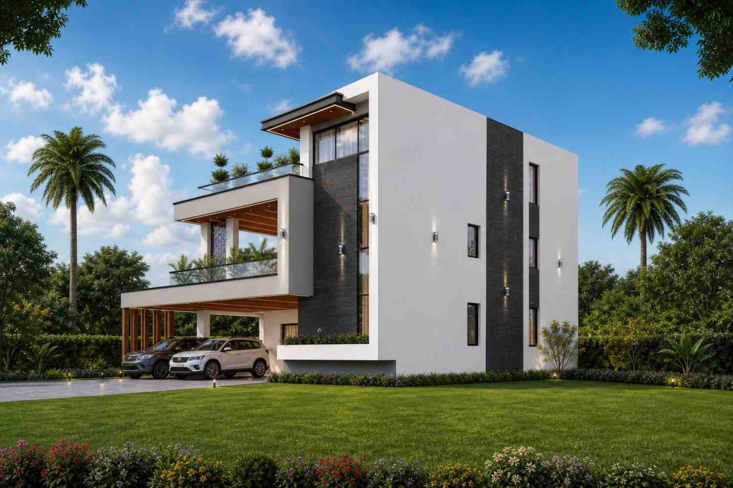 Right Side Elevation View of 6 Bedroom 3 Story Modern House Plan with Massive Rooftop Terrace