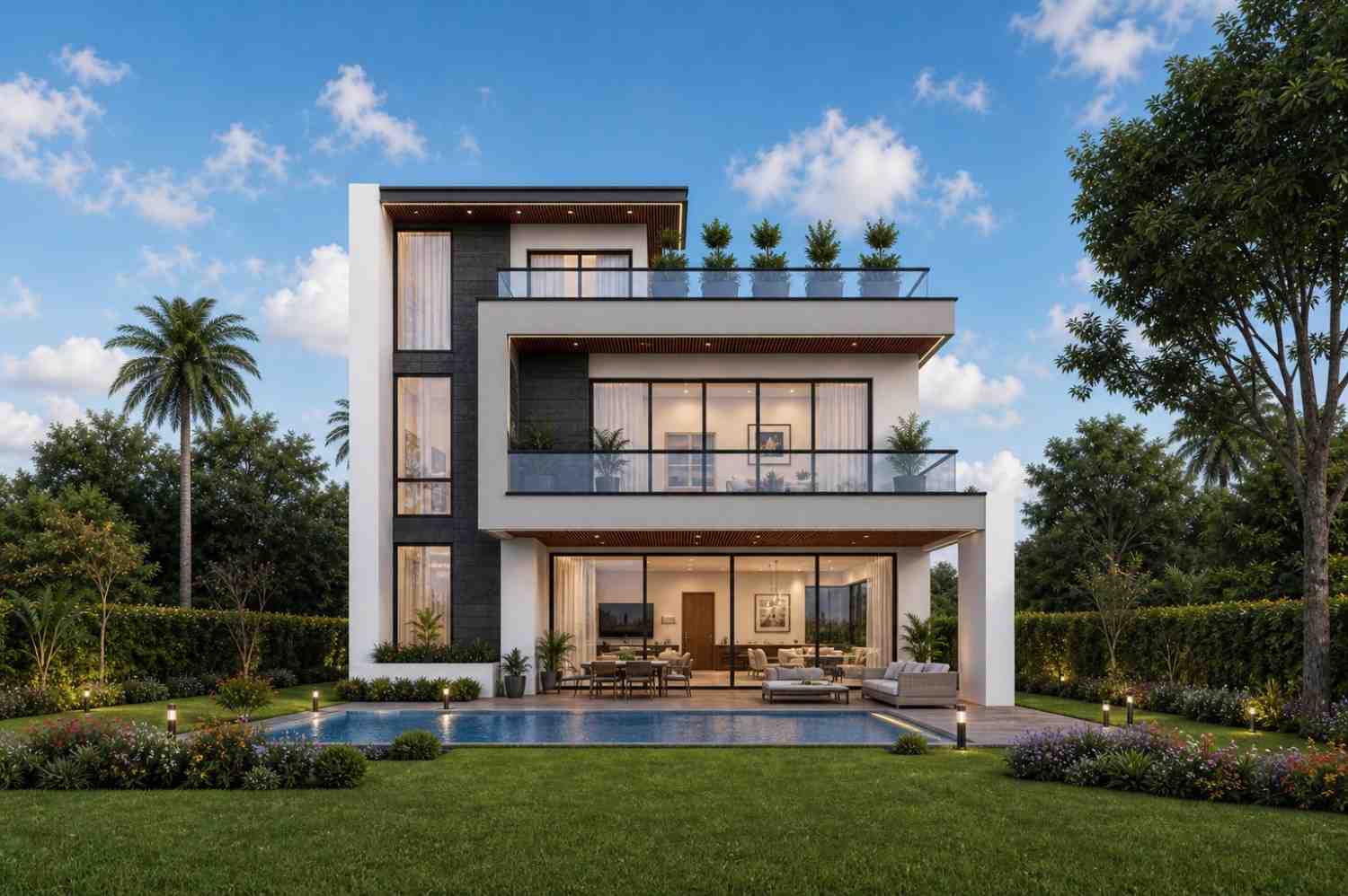 Rear Elevation View of 6 Bedroom 3 Story Modern House Plan with Massive Rooftop Terrace