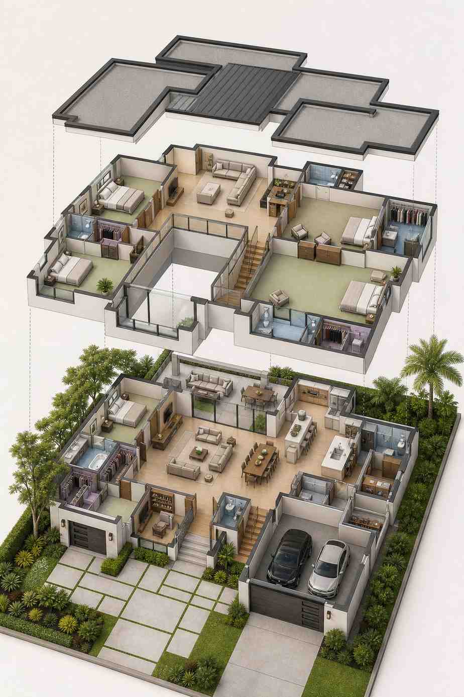 Exploded axonometric view of Tropical Modern Luxury Villa