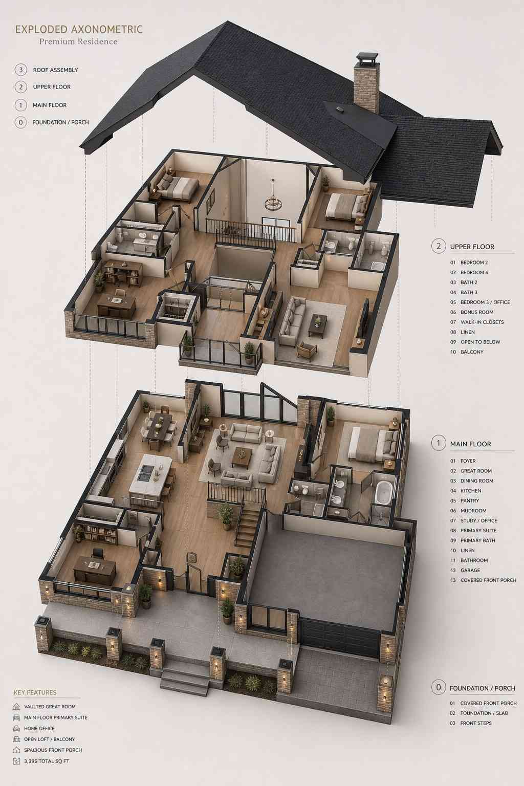 Exploded Axonometric View of Traditional House