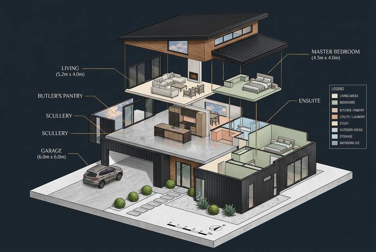 Exploded axonometric view of Modern Single Story House