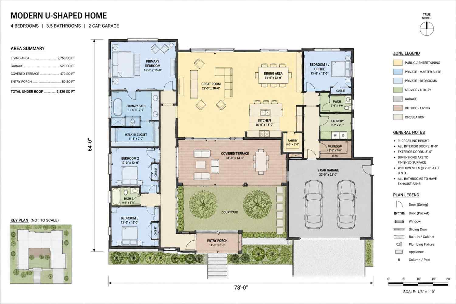 Blueprint of Modern U-Shaped Courtyard House Plan