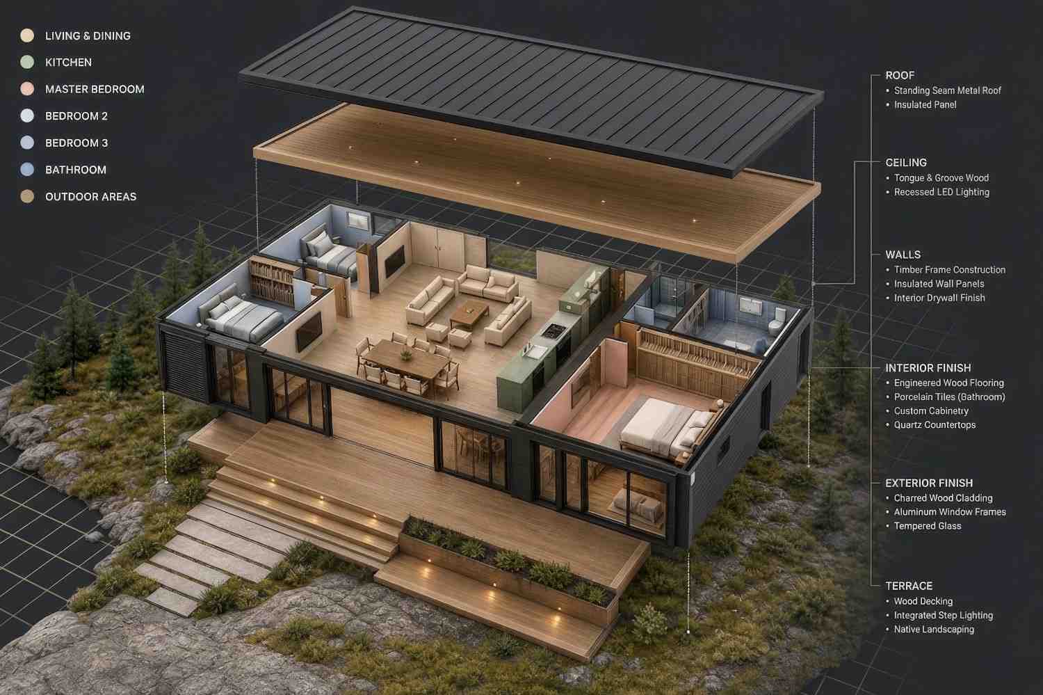 Exploded Axonometric View of the 3 Bedroom Modern Container House Plan
