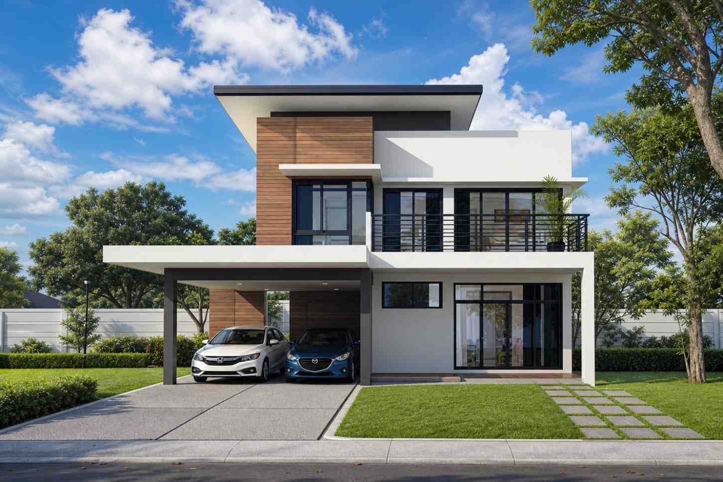 Front Elevation of 4 Bedroom 2 Story Modern House Plan with Large Balcony