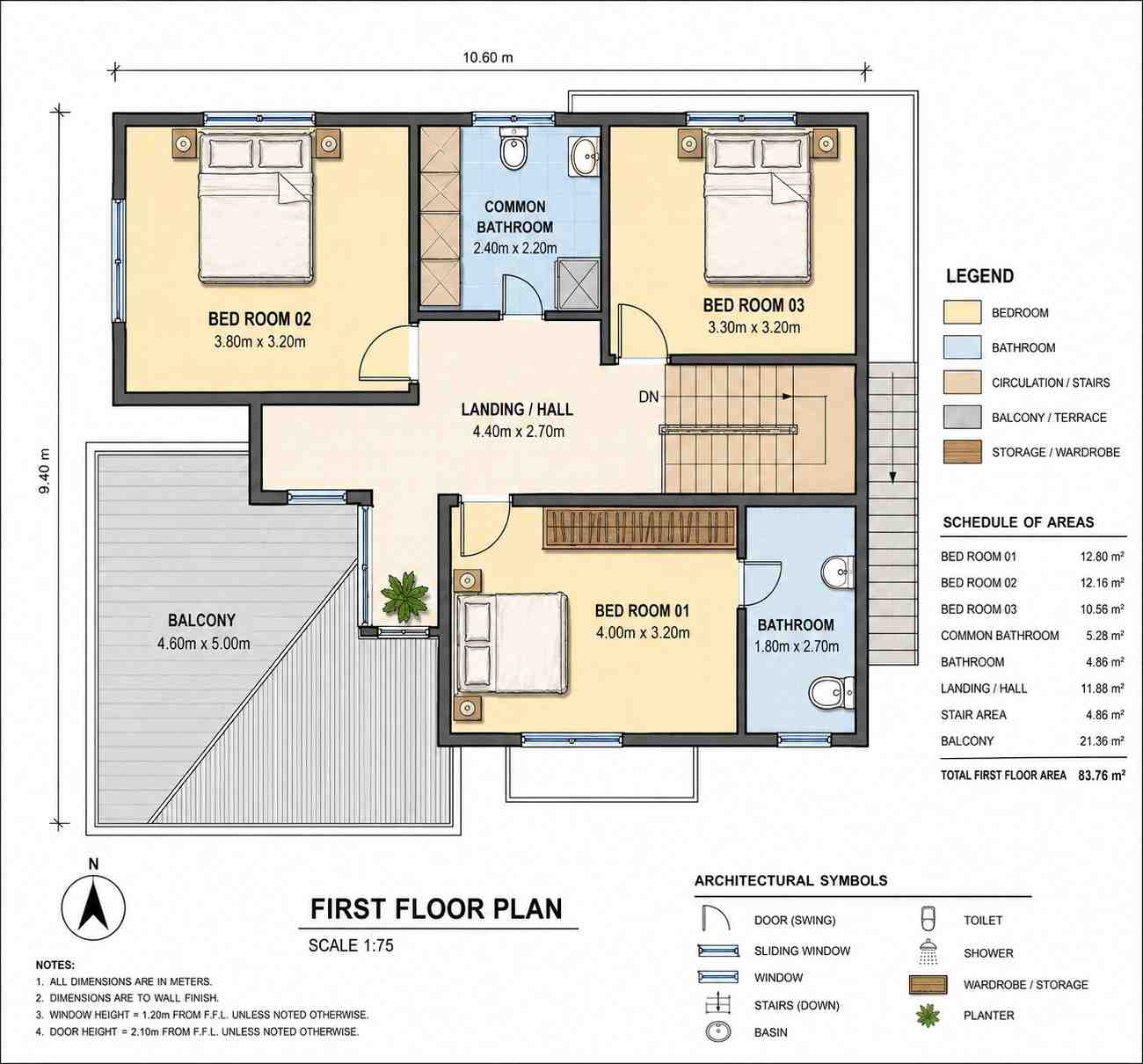 Upper Floor Blueprint of 3 Bedroom 2 Story Tropical Modern House