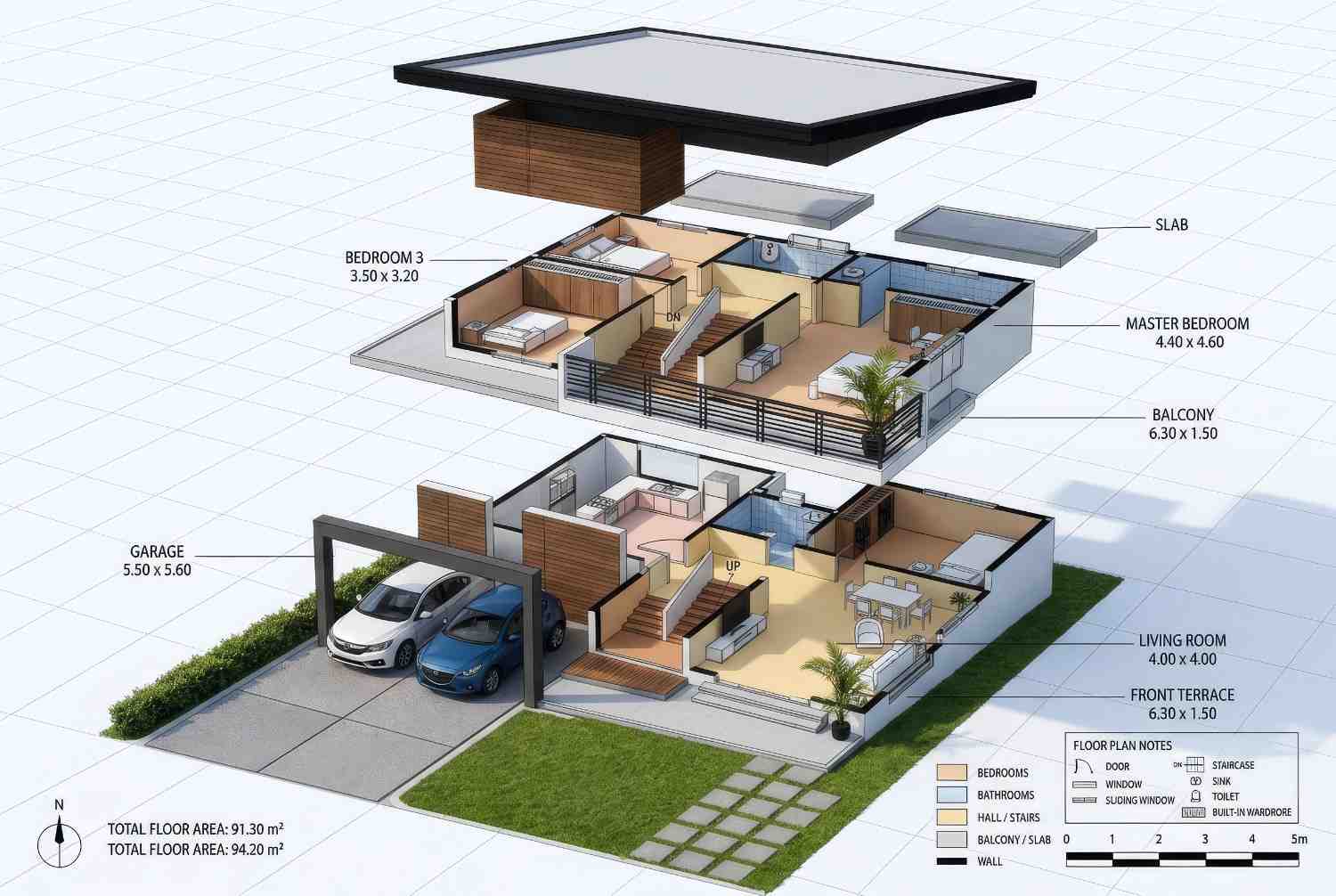 3D View of 4 Bedroom 2 Story Modern House Plan with Large Balcony