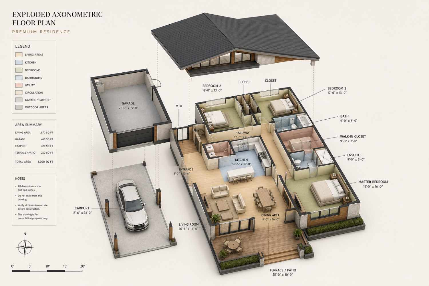 Exploded Axonometric View of Mid-Century Modern House