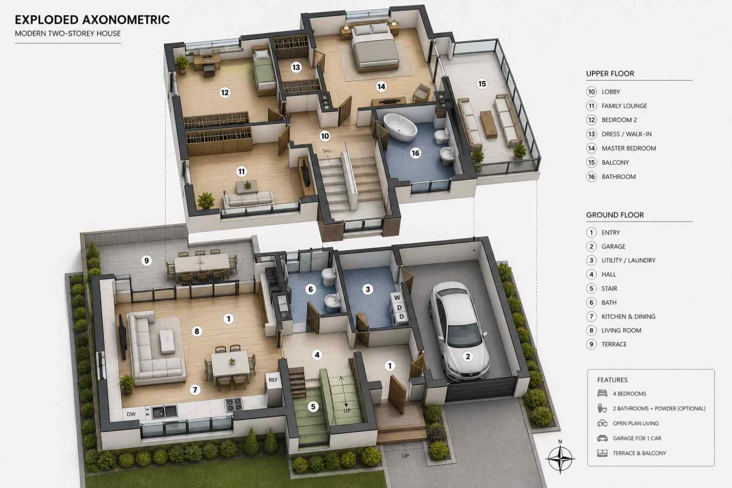 Exploded Axonometric View of 2 Bedroom 2 Story Modern House Plan with Large Terrace