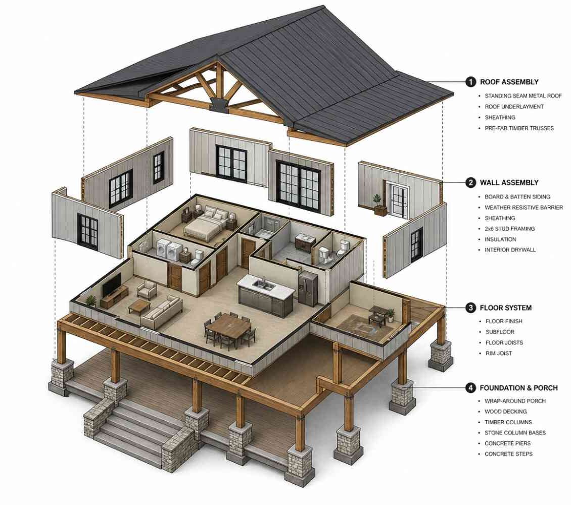 Exploded Axonometric View of Modern Farmhouse