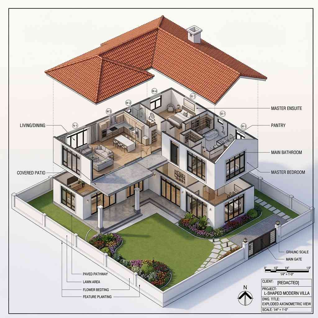 Exploded Axonometric View of Mediterranean Ranch House