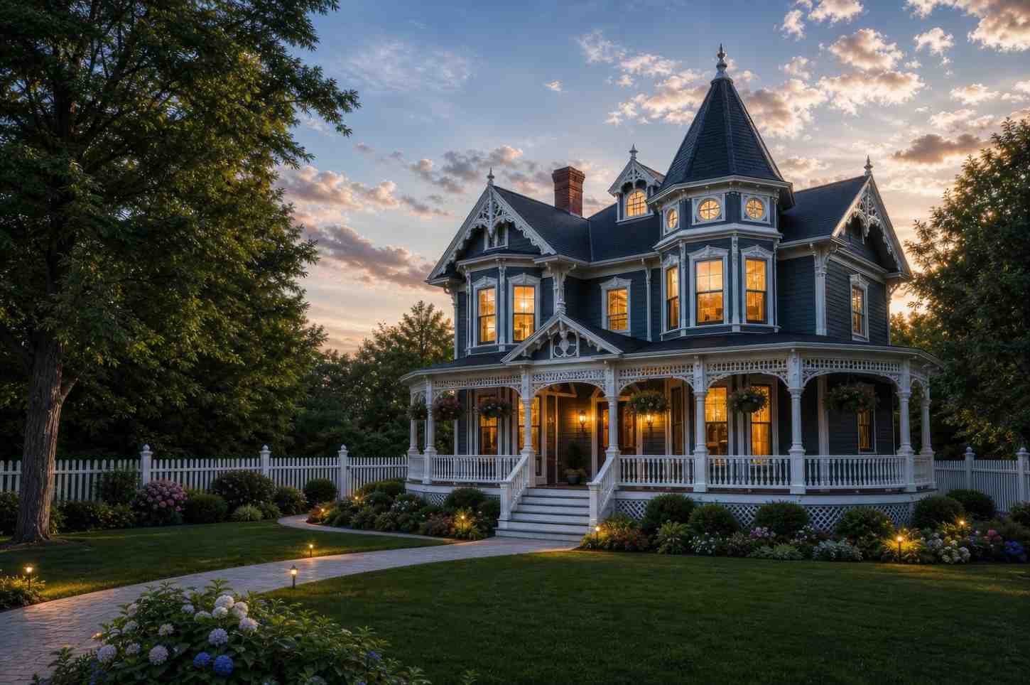 Right-Side Perspective of the 5 Bedroom 2 Story Victorian House Plan with Turret