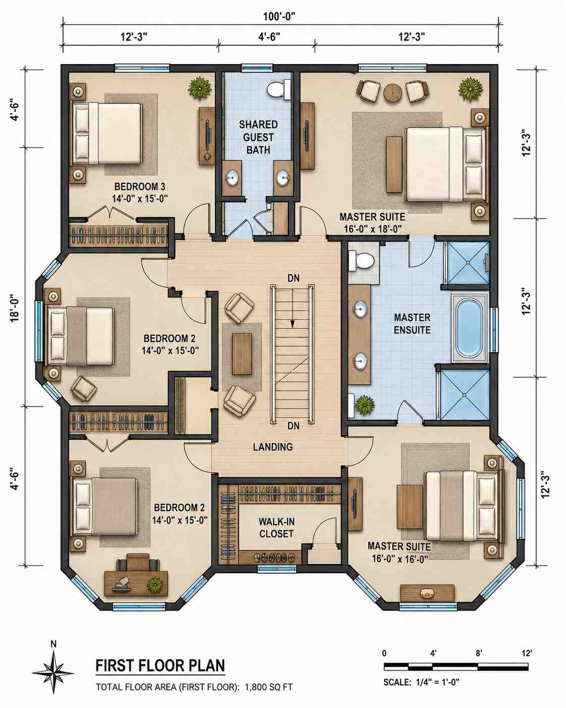 First Floor Blueprint of a 5 Bedroom 2 Story Victorian House Plan with Turret
