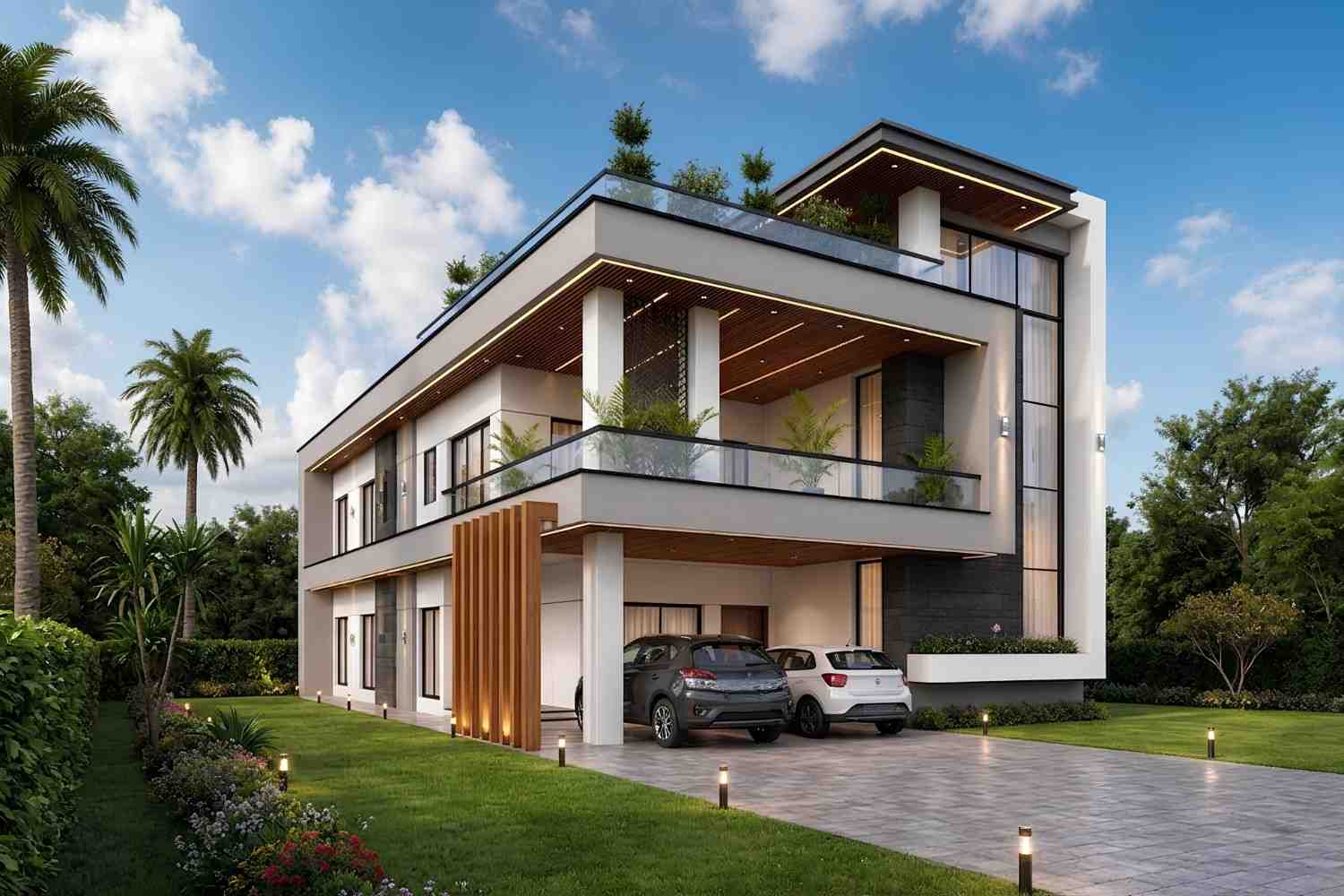 Left Side Elevation View of 6 Bedroom 3 Story Modern House Plan with Massive Rooftop Terrace